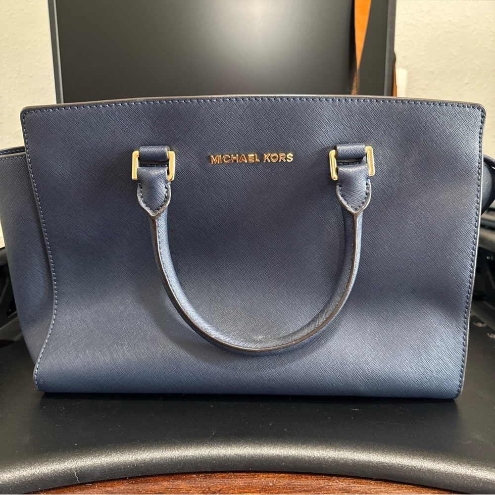 Michael Kors Selma Blue Satchel with Gold Hardware
